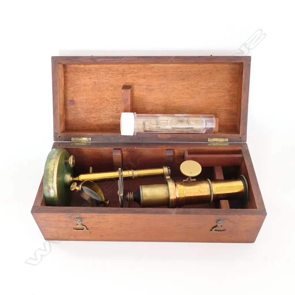 BRASS MONOCULAR COMPOUND MICROSCOPE, PROBABLY FRENCH, IN MAHOG BOX Image 1++